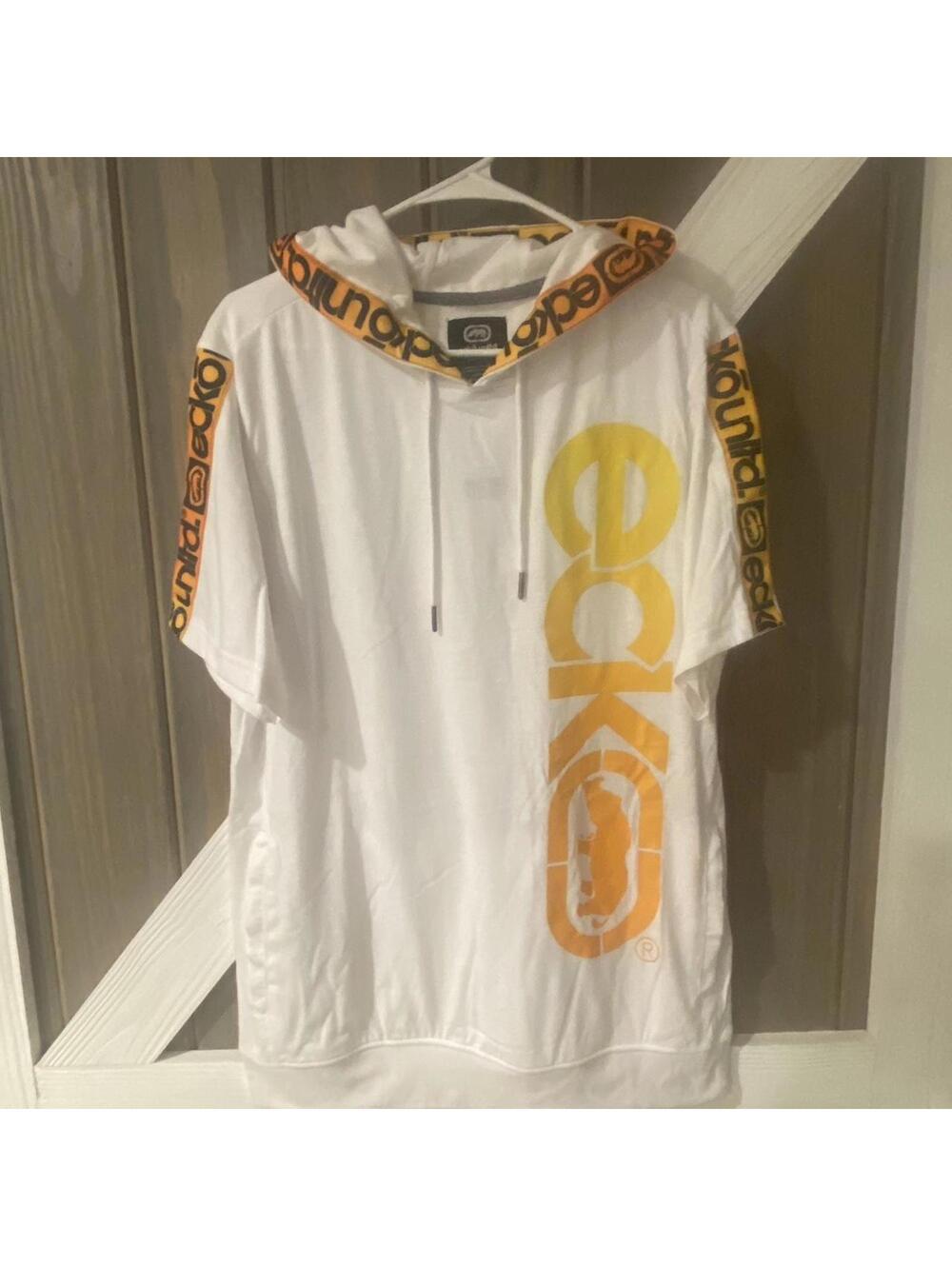 Ecko Unltd. White Short Sleeve Hoodie w/ Yellow Graphic - Large